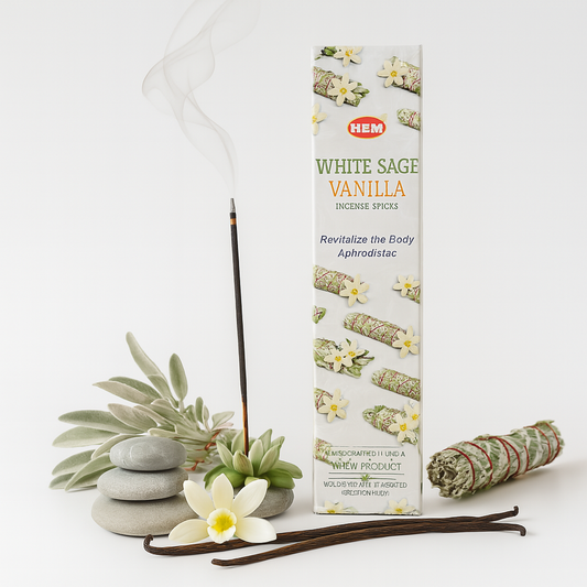 🌾 Encens HEM Sauge Blanche & Vanille – Purification & Douceur